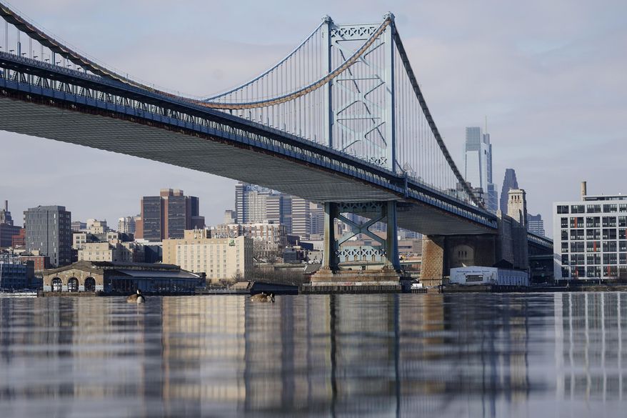 The Philadelphia side of the Benjamin Franklin Bridge spanning the Delaware River is pictured on Feb. 10, 2021. On Wednesday, Dec. 7, 2022, the Delaware River Basin Commission, a regulatory agency responsible for the water supply of more than 13 million people in four Northeastern states, moved to ban gas drillers from dumping fracking wastewater in the Delaware River watershed and to make it difficult for them to take fresh water out. (AP Photo/Matt Rourke, File)