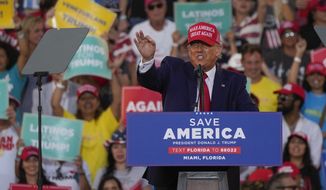 Former President Donald Trump speaks at a campaign rally in support of the campaign of Sen. Marco Rubio, R-Fla., at the Miami-Dade County Fair and Exposition on Nov. 6, 2022, in Miami. (AP Photo/Rebecca Blackwell) **FILE**