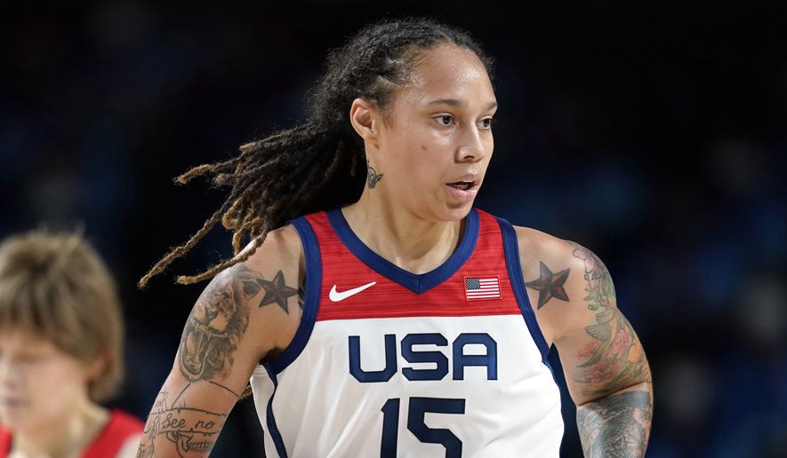 Brittney Griner (15) runs up court during women&#x27;s basketball gold medal game against Japan at the 2020 Summer Olympics on Aug. 8, 2021, in Saitama, Japan.  Russia has freed WNBA star Brittney Griner in a dramatic high-level prisoner exchange, with the U.S. releasing notorious Russian arms dealer Viktor Bout. (AP Photo/Charlie Neibergall, File)