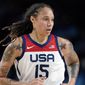 Brittney Griner (15) runs up court during women&#39;s basketball gold medal game against Japan at the 2020 Summer Olympics on Aug. 8, 2021, in Saitama, Japan.  Russia has freed WNBA star Brittney Griner in a dramatic high-level prisoner exchange, with the U.S. releasing notorious Russian arms dealer Viktor Bout. (AP Photo/Charlie Neibergall, File)