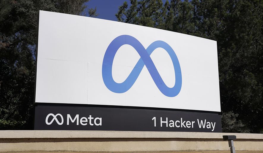 Facebook&#x27;s Meta logo sign is seen at the company headquarters in Menlo Park, Calif. on Oct. 28, 2021. (AP Photo/Tony Avelar, File)