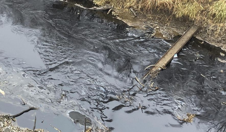 Oil from a Keystone pipeline rupture flows into Mill Creek in Washington County, Kansas, on Thursday, Dec 8, 2022. Vacuum trucks, booms and an emergency dam were constructed on the creek to intercept the spill. (Kyle Bauer/KCLY/KFRM Radio via AP)