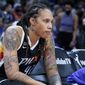 Phoenix Mercury center Brittney Griner sits during the first half of Game 2 of basketball&#39;s WNBA Finals against the Chicago Sky, Wednesday, Oct. 13, 2021, in Phoenix. Russia has freed WNBA star Brittney Griner in a dramatic high-level prisoner exchange, with the U.S. releasing notorious Russian arms dealer Viktor Bout. (AP Photo/Rick Scuteri, File) **FILE**