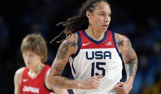 Brittney Griner (15) runs upcourt during the women&#39;s basketball gold medal game against Japan at the 2020 Summer Olympics on Aug. 8, 2021, in Saitama, Japan. Russia has freed WNBA star Brittney Griner in a dramatic high-level prisoner exchange, with the U.S. releasing notorious Russian arms dealer Viktor Bout. (AP Photo/Charlie Neibergall, File)