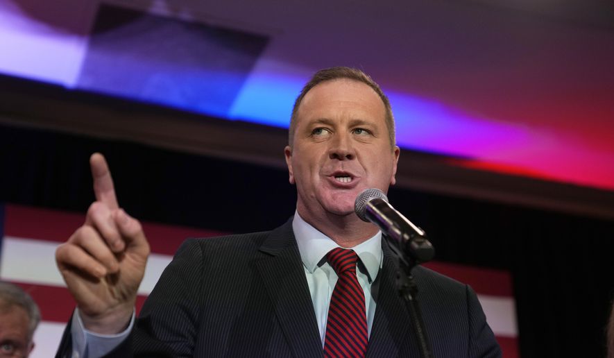 Then-Republican U.S. Sen.-elect and Missouri Attorney General Eric Schmitt delivers a victory speech on Nov. 8, 2022, in Maryland Heights, Mo. (AP Photo/Jeff Roberson, File)
