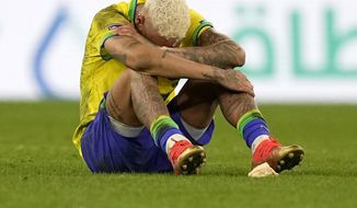 Brazil&#39;s Neymar reacts after the penalty shootout at the World Cup quarterfinal soccer match between Croatia and Brazil, at the Education City Stadium in Al Rayyan, Qatar, Friday, Dec. 9, 2022. (AP Photo/Martin Meissner)