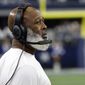 Houston Texans head coach Lovie Smith looks on from the sideline during the first half of an NFL football game against the Dallas Cowboys, Sunday, Dec. 11, 2022, in Arlington, Texas. (AP Photo/Michael Ainsworth)