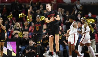 Maryland guard Abby Meyers celebrates as time expires during the second half of an NCAA college basketball game against Connecticut, Sunday, Dec. 11, 2022, in College Park, Md. (AP Photo/Terrance Williams)