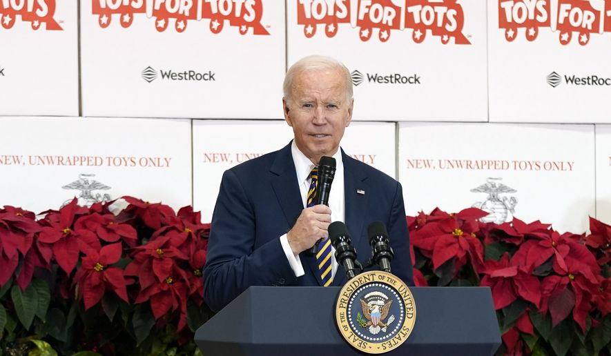 President Joe Biden speaks during a Toys for Tots event at Joint Base Myer-Henderson Hall in Arlington, Va., Monday, Dec. 12, 2022. (AP Photo/Patrick Semansky)