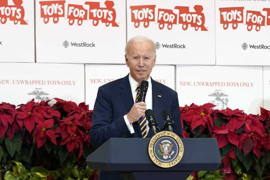 President Joe Biden speaks during a Toys for Tots event at Joint Base Myer-Henderson Hall in Arlington, Va., Monday, Dec. 12, 2022. (AP Photo/Patrick Semansky)