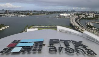 In this photo taken with a drone, the FTX logo is seen on the roof of the FTX Arena on Wednesday, Dec. 7, 2022, in Miami. The House Financial Services Committee holds a hearing on Tuesday on the collapse of cryptocurrency exchange FTX. (AP Photo/Rebecca Blackwell)