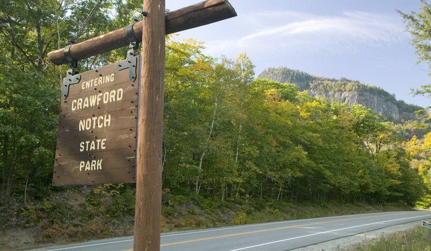 Sign reads Entering Crawford Notch State Park, New Hampshire. A hiker fell to his death Saturday while taking photos with his wife at the summit of Mount Willard in Crawford Notch, according to authorities. File photo credit: Joseph Sohm via Shutterstock.