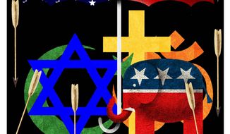 Illustration on the Republican (GOP) stance against antisemitism by Alexander Hunter/The Washington Times