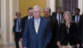 Senate Republican Leader Mitch McConnell, R-Ky., and his leadership team arrive to speak to reporters following a closed-door policy meeting, at the Capitol in Washington, Tuesday, Dec. 13, 2022. (AP Photo/J. Scott Applewhite) **FILE**