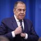 Russian Foreign Minister Sergey Lavrov walks after addressing at International Conference &quot;Eurasian Choice as a Basis for Strengthening Sovereignty&quot; organized by United Russia in Moscow, Russia, Wednesday, Dec. 14, 2022. (AP Photo/Alexander Zemlianichenko, Pool) ** FILE **