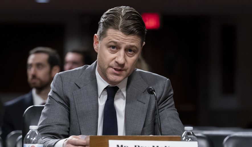 Actor Ben McKenzie testifies during a Senate Banking Committee hearing on cryptocurrency and the collapse of the FTX crypto exchange and its founder Sam Bankman-Fried, at the Capitol in Washington, Wednesday, Dec. 14, 2022. (AP Photo/J. Scott Applewhite)