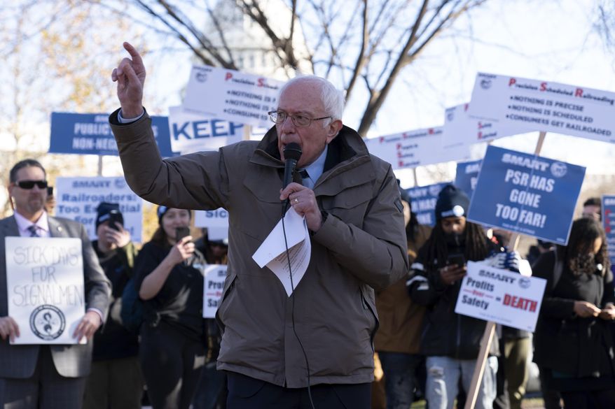 Sen. Bernie Sanders, I-Vt., speaks during a rail union workers rally near U.S. Capitol in Washington, Tuesday, Dec. 13, 2022. (AP Photo/Jose Luis Magana)