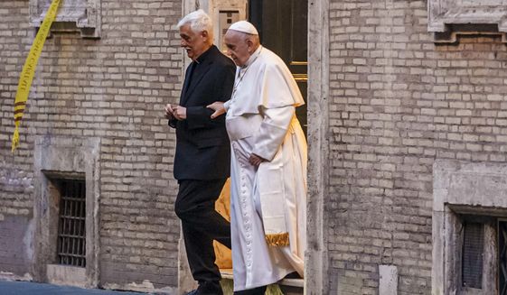 Pope Francis is flanked by Jesuits&#x27; superior general Arturo Sosa Abascal, left as he leaves the Church of the Gesu&#x27;, mother church of the Society of Jesus (Jesuits), after presiding a mass on March 12, 2022. The head of Pope Francis’ Jesuit religious order admitted Wednesday, Dec. 14, 2022, that a famous Jesuit priest had been convicted of one of the most serious crimes in the Catholic Church some two years before the Vatican decided to shelve another case against him for allegedly abusing other adult women under his spiritual care.The Rev. Arturo Sosa, the Jesuit superior general, made the admission during a briefing with journalists that was dominated by the scandal over the Rev. Marko Ivan Rubnik and the reluctance of both the Vatican and the Jesuits to tell the whole story behind the unusually lenient treatment he received. (AP Photo/Domenico Stinellis)