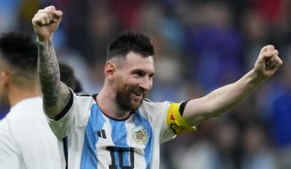 Argentina&#39;s Lionel Messi celebrates defeating Croatia 3-0 in a World Cup semifinal soccer match at the Lusail Stadium in Lusail, Qatar, Tuesday, Dec. 13, 2022. (AP Photo/Natacha Pisarenko) **FILE**