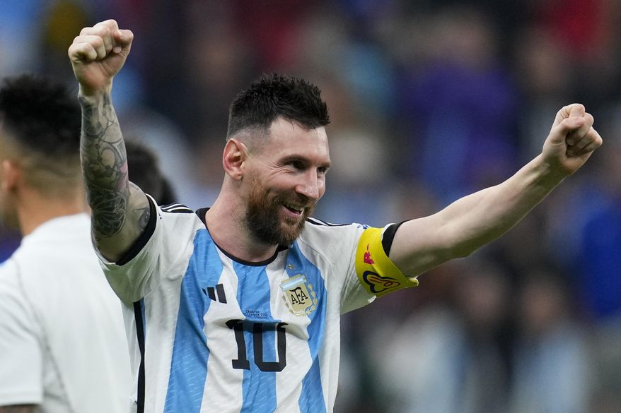 Argentina&#x27;s Lionel Messi celebrates defeating Croatia 3-0 in a World Cup semifinal soccer match at the Lusail Stadium in Lusail, Qatar, Tuesday, Dec. 13, 2022. (AP Photo/Natacha Pisarenko) **FILE**