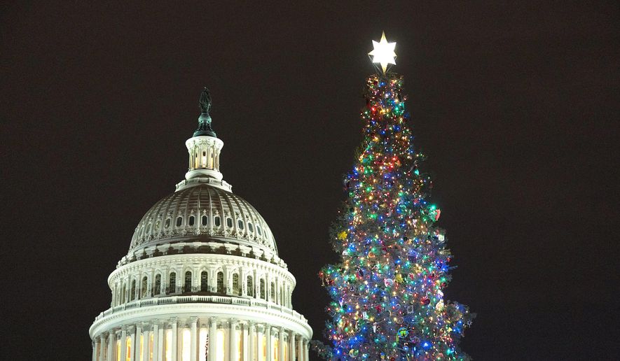 The 2021 U.S. Capitol Christmas Tree is lit after a ceremony on the West Front Lawn of Capitol Hill in Washington, Wednesday, Dec. 1, 2021. This year&#x27;s tree is a white fir from the Six Rivers National Forest in California. The tradition of decorating the U.S. Capitol Christmas Tree dates back to 1964. (AP Photo/Manuel Balce Ceneta)
