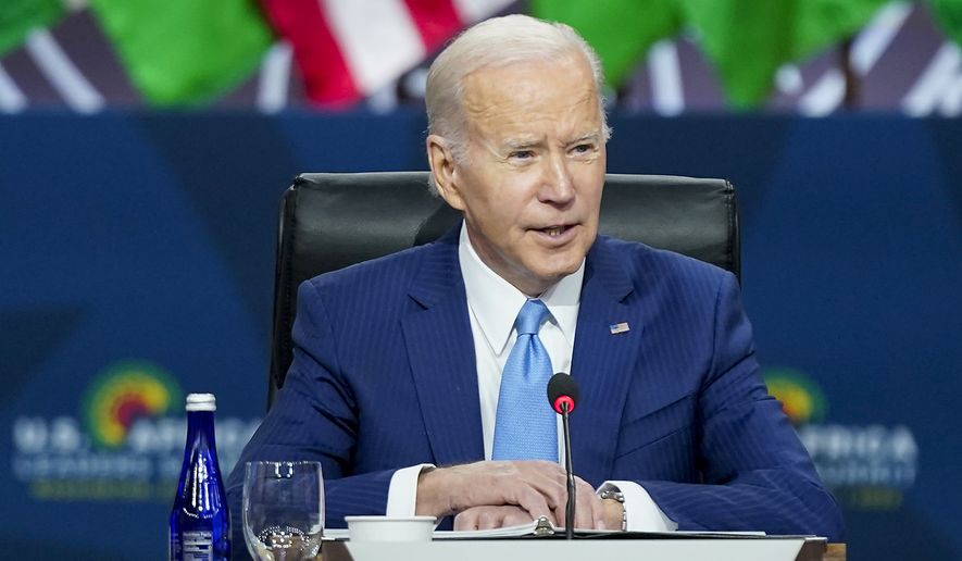 President Joe Biden participates in the U.S.-Africa Summit Leaders Session on partnering on the African Union&#x27;s Agenda 2063, Thursday, Dec. 15, 2022, in Washington. (AP Photo/Patrick Semansky)