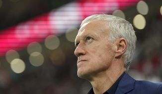 France&#39;s head coach Didier Deschamps looks on before the World Cup semifinal soccer match between France and Morocco at the Al Bayt Stadium in Al Khor, Qatar, Wednesday, Dec. 14, 2022. (AP Photo/Francisco Seco)