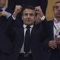 French president Emmanuel Macron gestures during the World Cup semifinal soccer match between France and Morocco at the Al Bayt Stadium in Al Khor, Qatar, on Dec. 14, 2022. Macron is about to jet off to Qatar for the second time in a week, despite broad concerns about the emirate&#39;s human rights and environmental record. Why? Because France is in the World Cup final, and Macron really is a big football fan — as well as a prominent advocate of the longstanding partnership between the two countries. (AP Photo/Manu Fernandez, File)