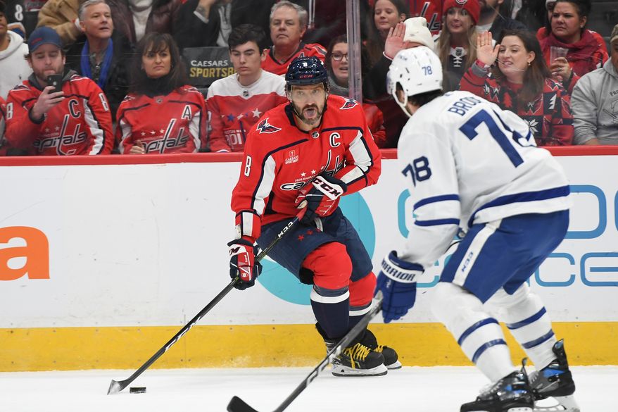 Washington Capitals left wing Alex Ovechkin (8) skating with the puck during the 1st period in an NHL game against the Toronto Maple Leafs at Capital One Arena in Washington D.C., December 17, 2022. (Photo by Billy Sabatini)
