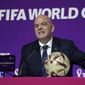 FIFA President Gianni Infantino meets the media at the FIFA World Cup closing press conference in Doha, Qatar, Friday, Dec. 16, 2022. (AP Photo/Martin Meissner)