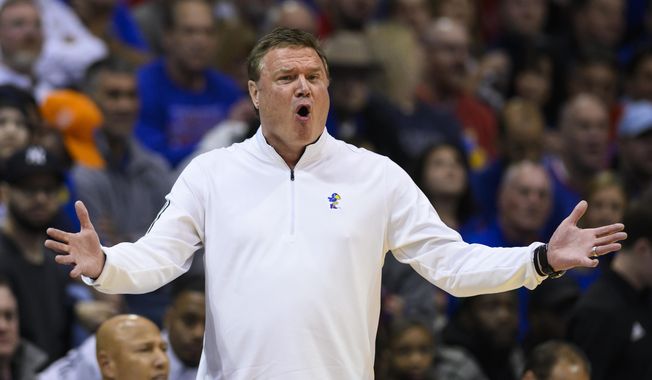 Kansas head coach Bill Self yells to his team during the first half of an NCAA college basketball game against Indiana in Lawrence, Kan., Saturday, Dec. 17, 2022. (AP Photo/Reed Hoffmann) **FILE**