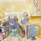 FILE - The artist sketch depicts Assistant U.S. Attorney Erik Kenerson, front left, watching as Whitney Minter, a public defender from the eastern division of Virginia, stands to represent Abu Agila Mohammad Mas&#39;ud Kheir Al-Marimi, accused of making the bomb that brought down Pan Am Flight 103 over Lockerbie, Scotland, in 1988, in federal court in Washington, Monday, Dec. 12, 2022, as Magistrate Judge Robin Meriweather listens.  Libyan officials say a powerful militia was involved in the clandestine detention and questioning of a suspect in the 1988 downing of a New York-bound PanAm flight over Lockerbie, Scotland. The alleged bombmaker involved in the attack, Abu Agila Mohammad Mas’ud Kheir Al-Marimi, was eventually extradited to the United States earlier this month, under orders from one of two rival governments running Libya.  (Dana Verkouteren via AP, File)