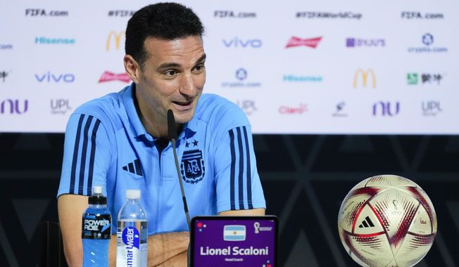 Argentina&#x27;s head coach Lionel Scaloni attends a press conference ahead of the final soccer match between Argentina and France in Doha, Qatar, Saturday, Dec. 17, 2022. (AP Photo/Natacha Pisarenko)