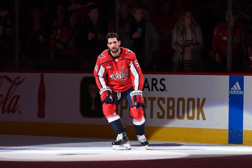 Washington Capitals defenseman Erik Gustafsson (56) on the ice after being named number one star of the game after the Capitals’ 5-2 win over the Toronto Maple Leafs at Capital One Arena in Washington D.C., December 17, 2022. (Photo by Billy Sabatini)