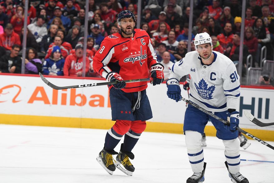 Washington Capitals left wing Alex Ovechkin (8) on the tips of his skates trying fo find the puck during the 2nd period in an NHL game against the Toronto Maple Leafs at Capital One Arena in Washington D.C., December 17, 2022. (Photo by Billy Sabatini)