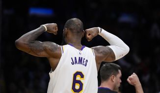 Los Angeles Lakers&#x27; LeBron James (6) flexes his arms after drawing a foul during the second half of an NBA basketball game against the Washington Wizards Sunday, Dec. 18, 2022, in Los Angeles. (AP Photo/Jae C. Hong)