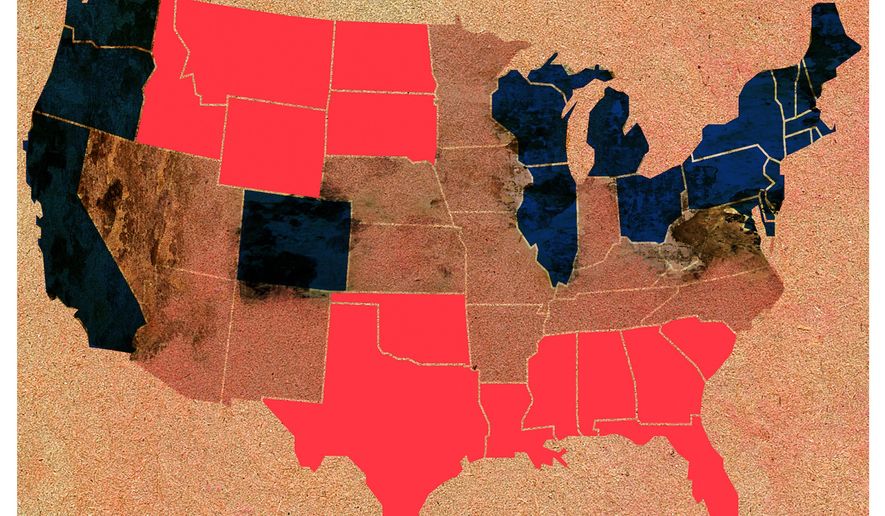Illustration on conservative vs. liberal-led states by Alexander Hunter/The Washington Times