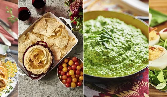 This combination of photos shows recipes for Baked Brie en Croute with Raspberry Jam, from left, hummus, Parmesan Feta Spinach Dip and Deviled Eggs. (Cheyenne M. Cohen via AP)