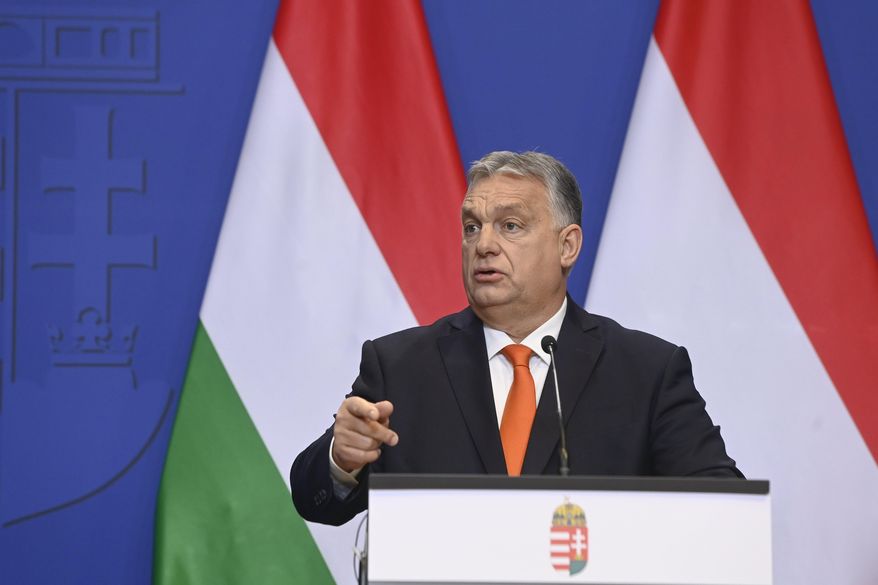Hungarian Prime Minister Viktor Orban speaks during a yearender international press conference in the government headquarters in Budapest, Hungary, Wednesday, Dec. 21, 2022. (Szilard Koszticsak/MTI via AP)