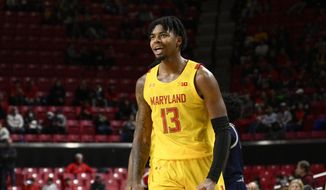 Maryland guard Hakim Hart reacts during the second half of the team&#x27;s NCAA college basketball game against Saint Peter&#x27;s, Thursday, Dec. 22, 2022, in College Park, Md. Maryland won 75-45. (AP Photo/Nick Wass)