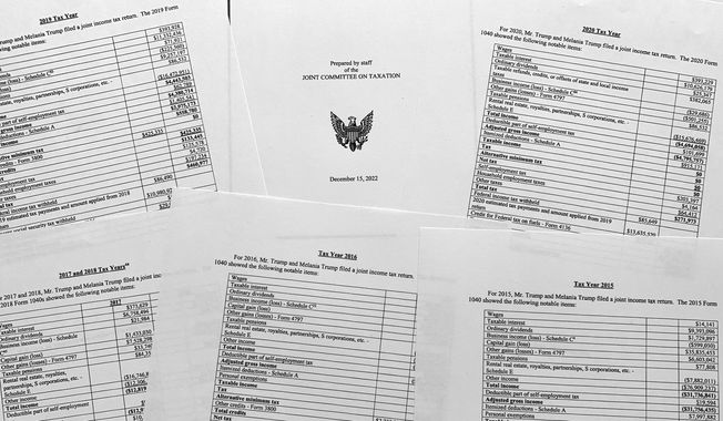 Information on former President Donald Trump&#x27;s tax returns, released in a staff report by the Joint Committee on Taxation, are photographed Wednesday, Dec. 21, 2022. (AP Photo/Jon Elswick)