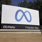 Facebook&#39;s Meta logo sign is seen at the company headquarters in Menlo Park, Calif., on Oct. 28, 2021. (AP Photo/Tony Avelar, File)