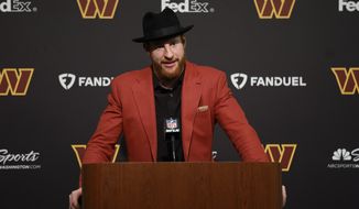 Washington Commanders quarterback Carson Wentz speaks at a news conference after an NFL football game against the San Francisco 49ers, Saturday, Dec. 24, 2022, in Santa Clara, Calif. (AP Photo/Jed Jacobsohn)