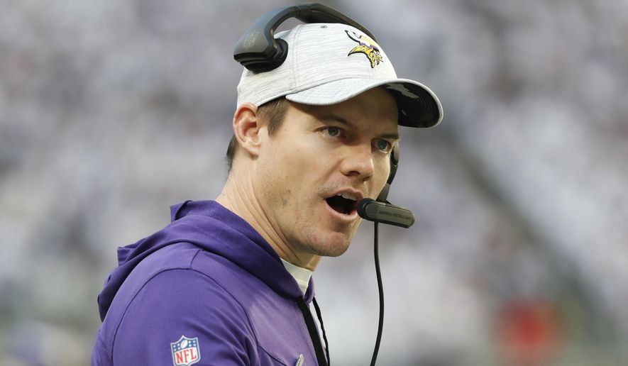 Minnesota Vikings head coach Kevin O&#x27;Connell watches from the sideline during the second half of an NFL football game against the New York Giants, Saturday, Dec. 24, 2022, in Minneapolis. (AP Photo/Bruce Kluckhohn)