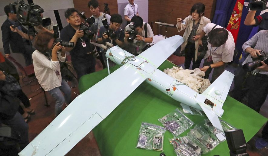A suspected North Korean drone is viewed at the Defense Ministry in Seoul, South Korea, on June 21, 2017. South Korea said Monday, Dec. 26, 2022, it fired warning shots after North Korean drones violated the South’s airspace. (Lee Jung-hoon/Yonhap via AP, File)