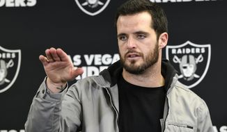 Las Vegas Raiders quarterback Derek Carr meets with reporters after an NFL football game against the Pittsburgh Steelers in Pittsburgh, Saturday, Dec. 24, 2022. The Steelers won 13-10. (AP Photo/Don Wright)