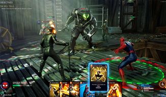Spider-Man gets help from Ghost Rider to stop Venom in the third-person, tactical action game Marvel&#x27;s Midnight Suns. (Courtesy 2K Games)