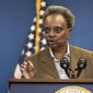 FILE - Chicago Mayor Lori Lightfoot speaks during a press conference in the Greektown neighborhood, of Chicago, Sept. 14, 2022. While the 2024 race for the White House is brewing, a scattering of states will hold elections next year. (Pat Nabong/Chicago Sun-Times via AP, File)