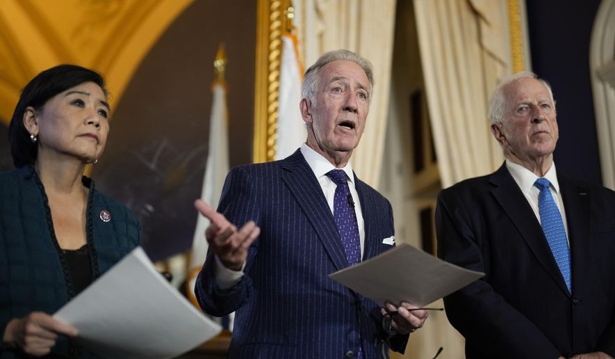 House Ways and Means Committee Chairman Richard Neal, D-Mass., talks to the media after the House Ways &amp; Means Committee voted on whether to publicly release years of former President Donald Trump&#x27;s tax returns during a hearing on Capitol Hill in Washington, Dec. 20, 2022. Left is Rep. Judy Chu, D-Calif., and right is Rep. Mike Thompson, D-Calif. (AP Photo/J. Scott Applewhite, File)
