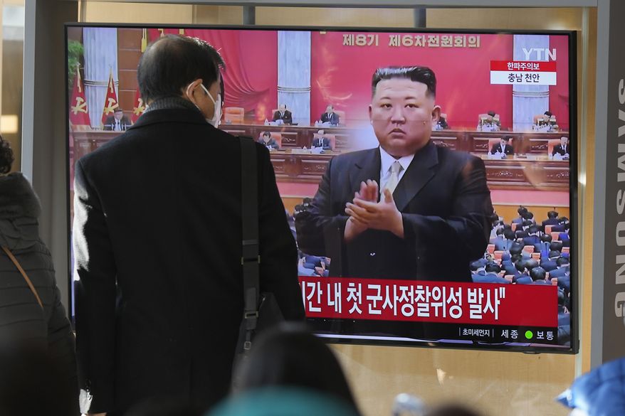 A TV screen shows a file image of North Korean leader Kim Jong-un during a news program at the Seoul Railway Station in Seoul, South Korea, Sunday, Jan. 1, 2023. Kim ordered the &quot;exponential&quot; expansion of his country&#x27;s nuclear arsenal, the development of a more powerful intercontinental ballistic missile and the launch of its first spy satellite, state media reported Sunday, after he entered 2023 with another weapons firing following a record number of testing activities last year. (AP Photo/Lee Jin-man)